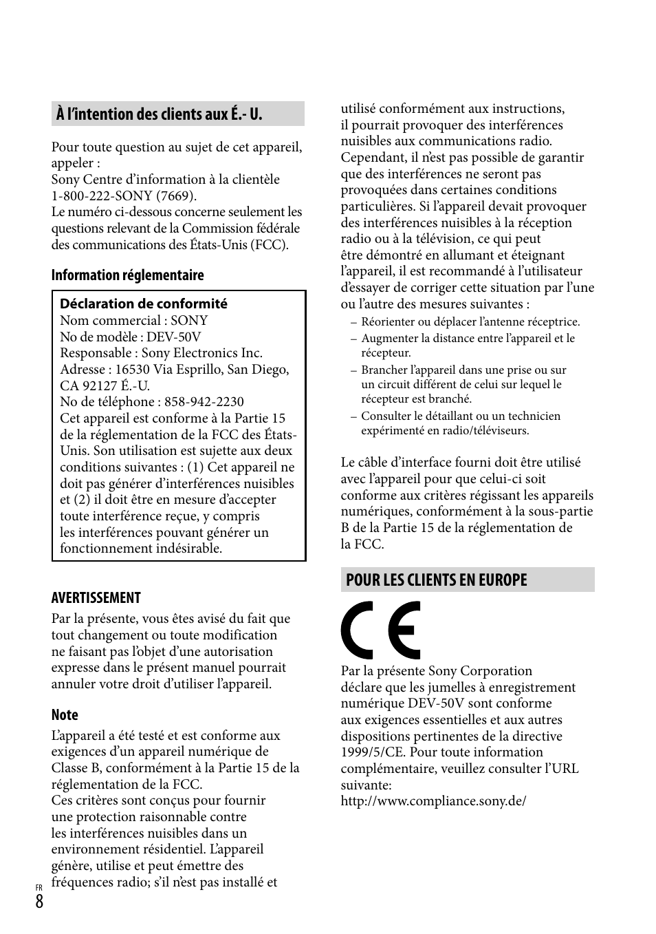 À l’intention des clients aux é.- u, Pour les clients en europe | Sony DEV-50 User Manual | Page 44 / 116