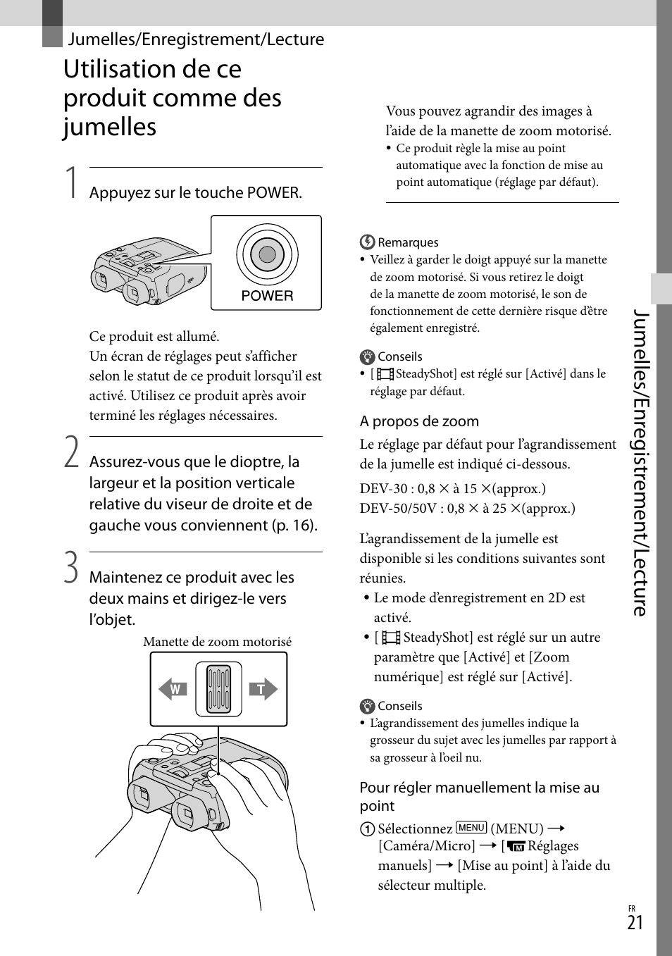 Jumelles/enregistrement/lecture, Utilisation de ce produit comme des jumelles, Jumelles/enregistrement | Lecture, Utilisation de ce produit comme des, Jumelles, Jumelles/enr eg istr emen t/l ec tur e | Sony DEV-50 User Manual | Page 57 / 116