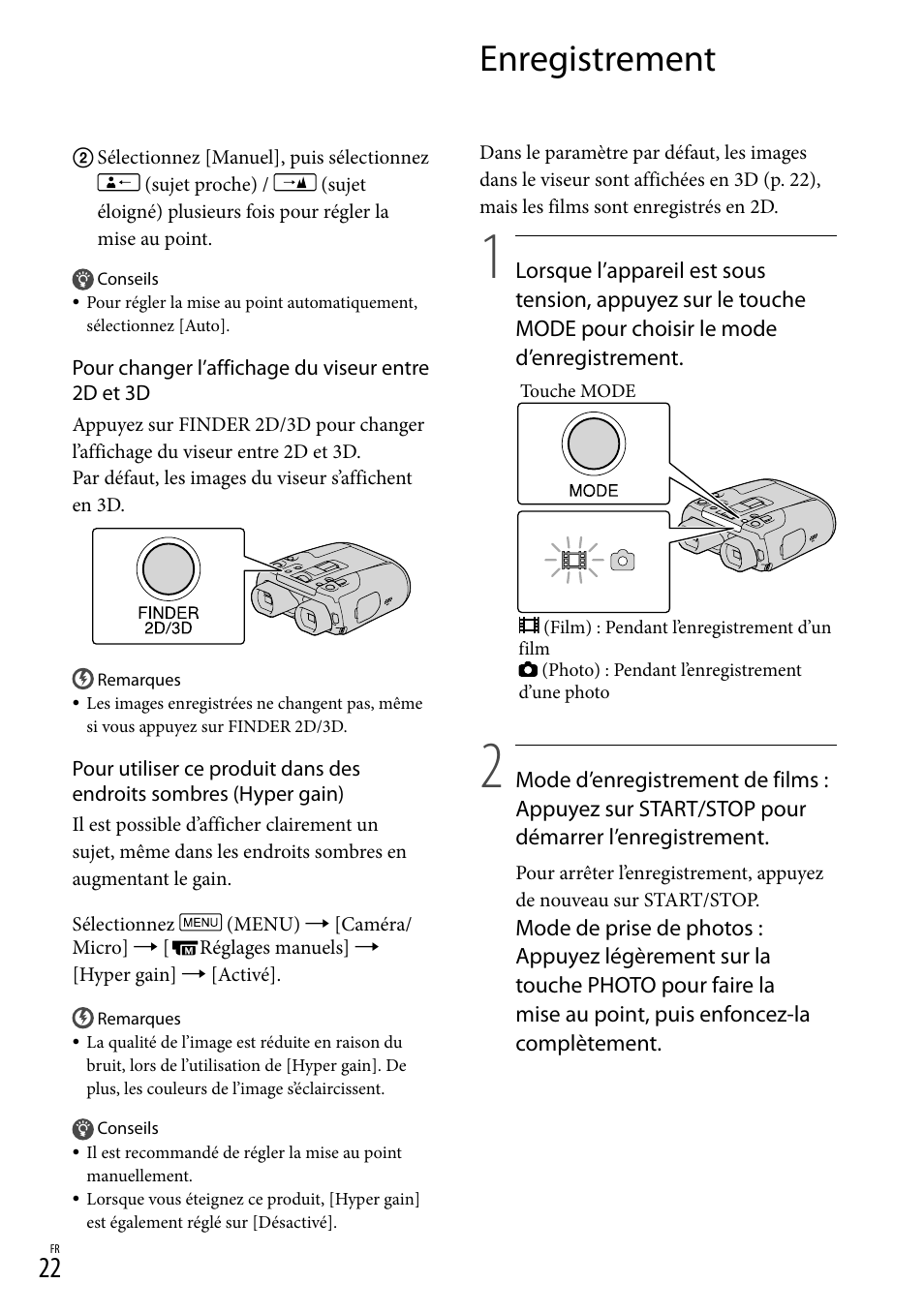 Enregistrement, 22) o | Sony DEV-50 User Manual | Page 58 / 116