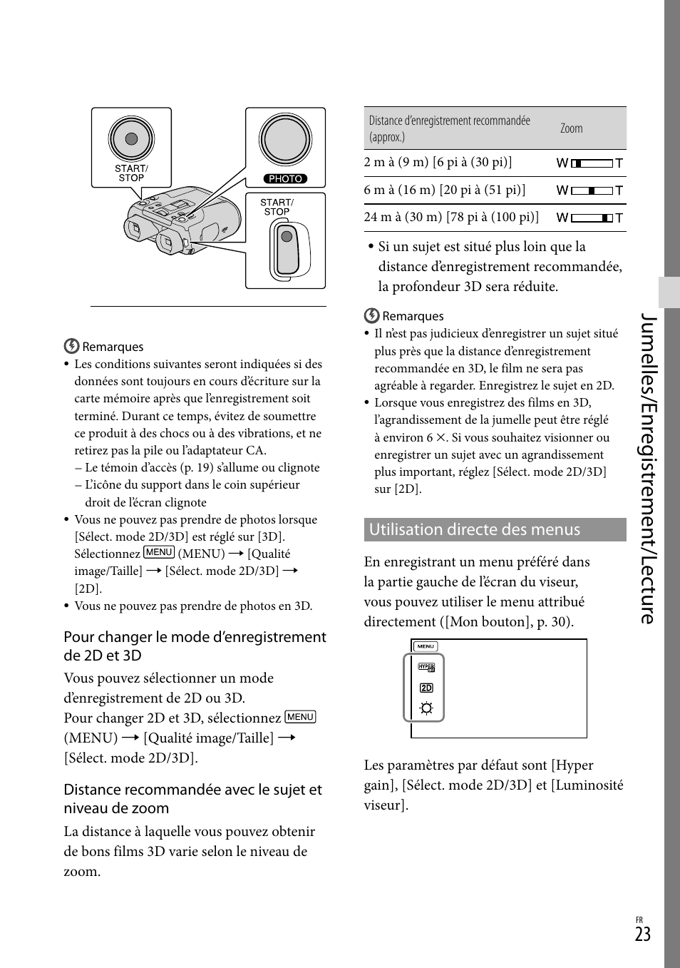 Jumelles/enr eg istr emen t/l ec tur e, Utilisation directe des menus | Sony DEV-50 User Manual | Page 59 / 116