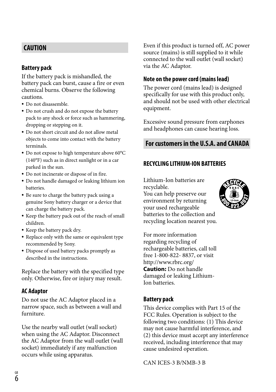 Caution, For customers in the u.s.a. and canada | Sony DEV-50 User Manual | Page 6 / 116