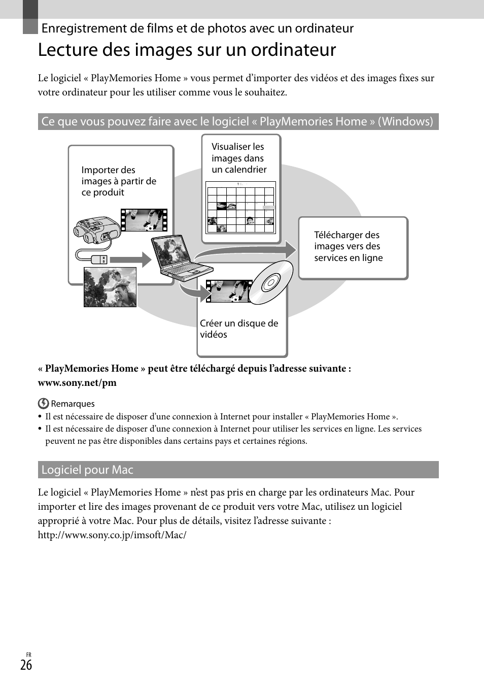 Lecture des images sur un ordinateur, Enregistrement de films, Et de photos avec un | Ordinateur, Logiciel pour mac | Sony DEV-50 User Manual | Page 62 / 116