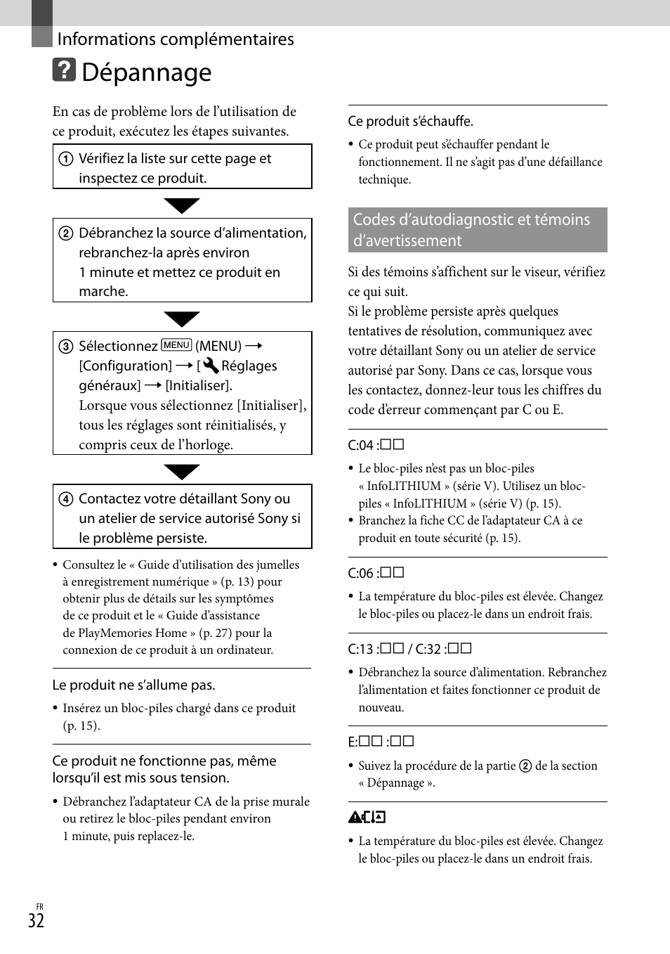 Informations complémentaires, Dépannage, Informations | Complémentaires, Codes d’autodiagnostic et témoins d’avertissement | Sony DEV-50 User Manual | Page 68 / 116