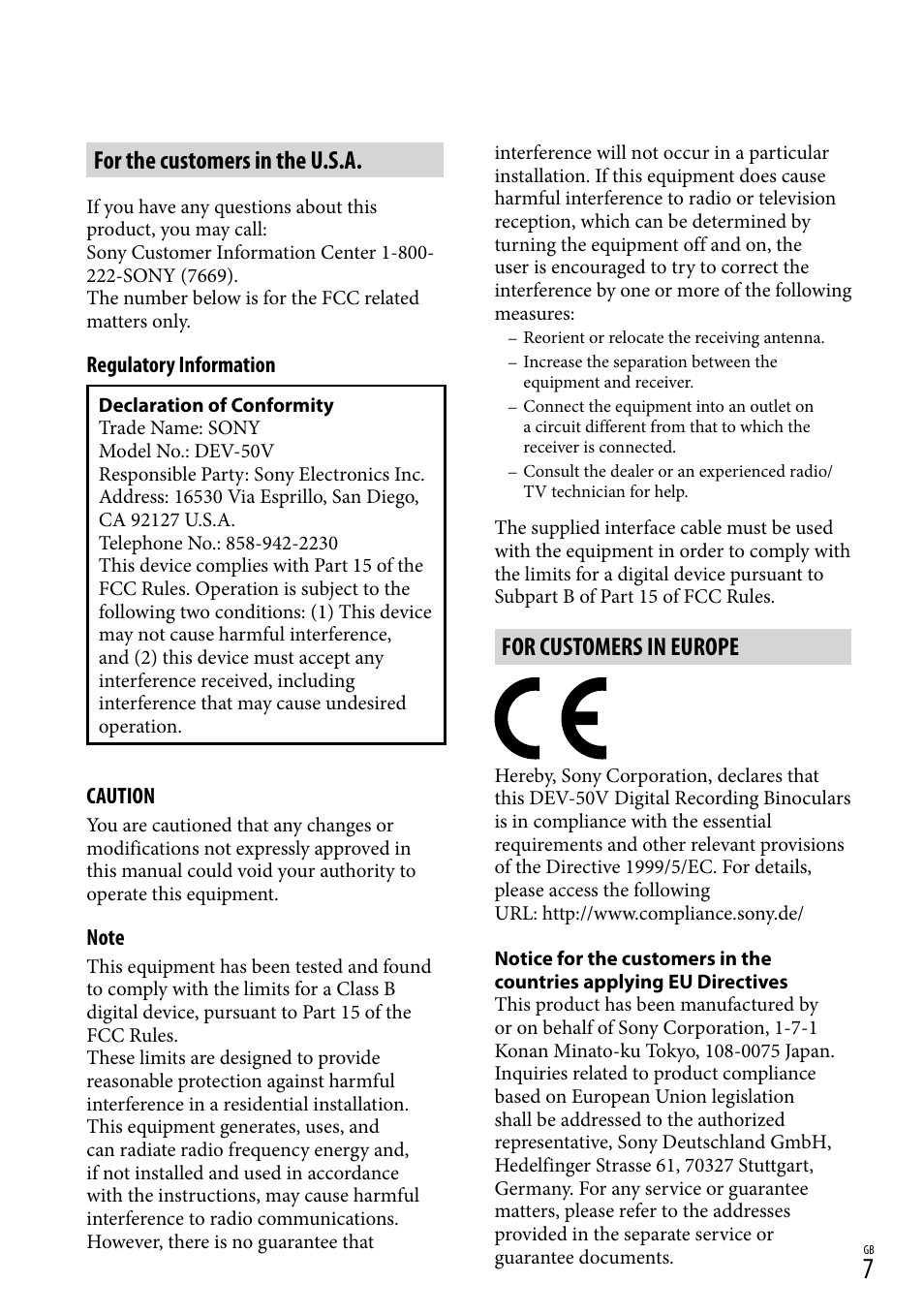 For the customers in the u.s.a, For customers in europe | Sony DEV-50 User Manual | Page 7 / 116