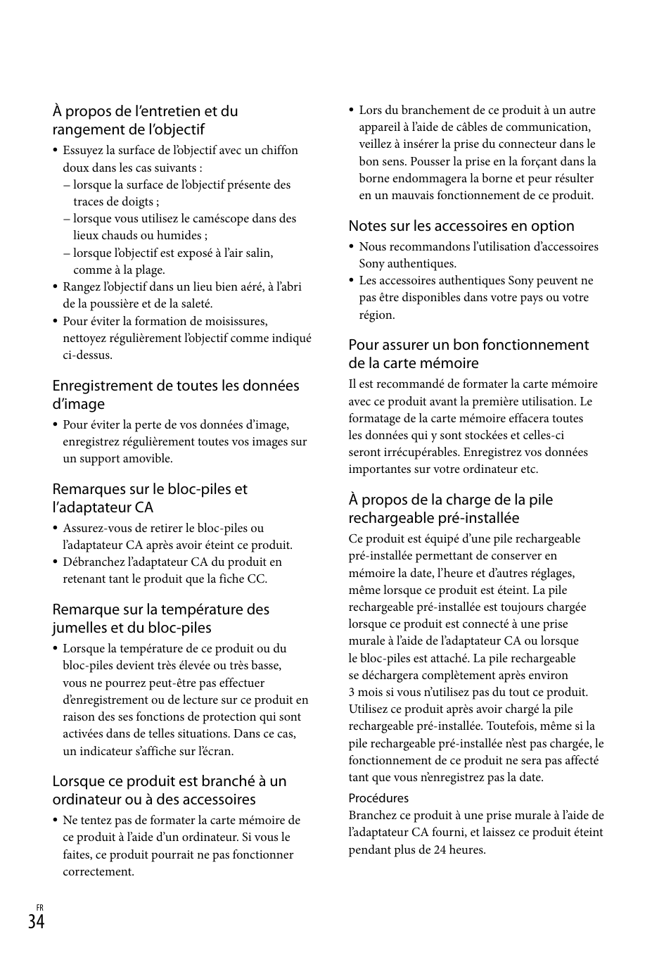 Enregistrement de toutes les données d’image, Remarques sur le bloc-piles et l’adaptateur ca | Sony DEV-50 User Manual | Page 70 / 116