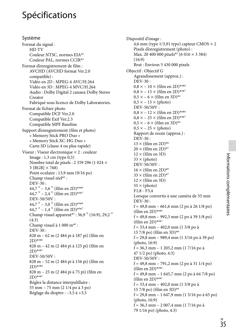Spécifications, Système | Sony DEV-50 User Manual | Page 71 / 116