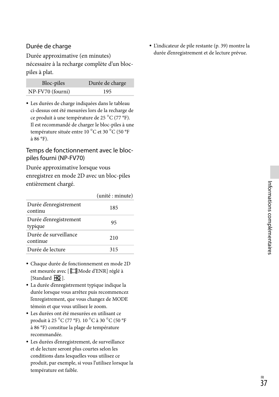 Durée de charge | Sony DEV-50 User Manual | Page 73 / 116