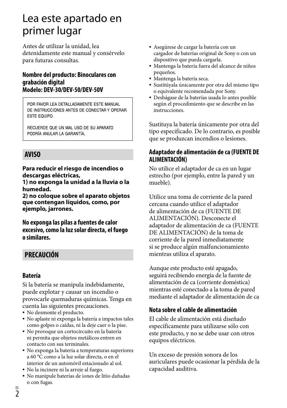 Lea este apartado en primer lugar, Aviso, Precaución | Sony DEV-50 User Manual | Page 80 / 116
