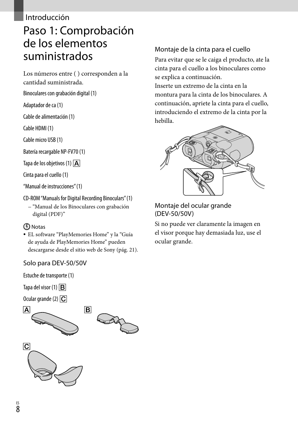 Introducción, Paso 1: comprobación de los elementos, Suministrados | Sony DEV-50 User Manual | Page 86 / 116