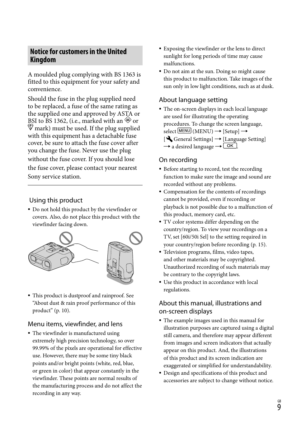 Notice for customers in the united kingdom, Using this product, Menu items, viewfinder, and lens | About language setting, On recording | Sony DEV-50 User Manual | Page 9 / 116
