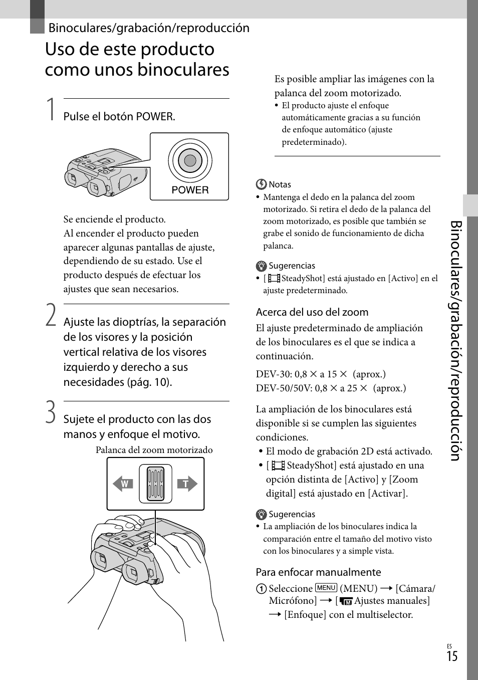Binoculares/grabación/reproducción, Uso de este producto como unos binoculares, Binoculares/grabación | Reproducción, Uso de este producto como unos, Binoculares, Binocular es/g rabación/r epr oduc ción | Sony DEV-50 User Manual | Page 93 / 116