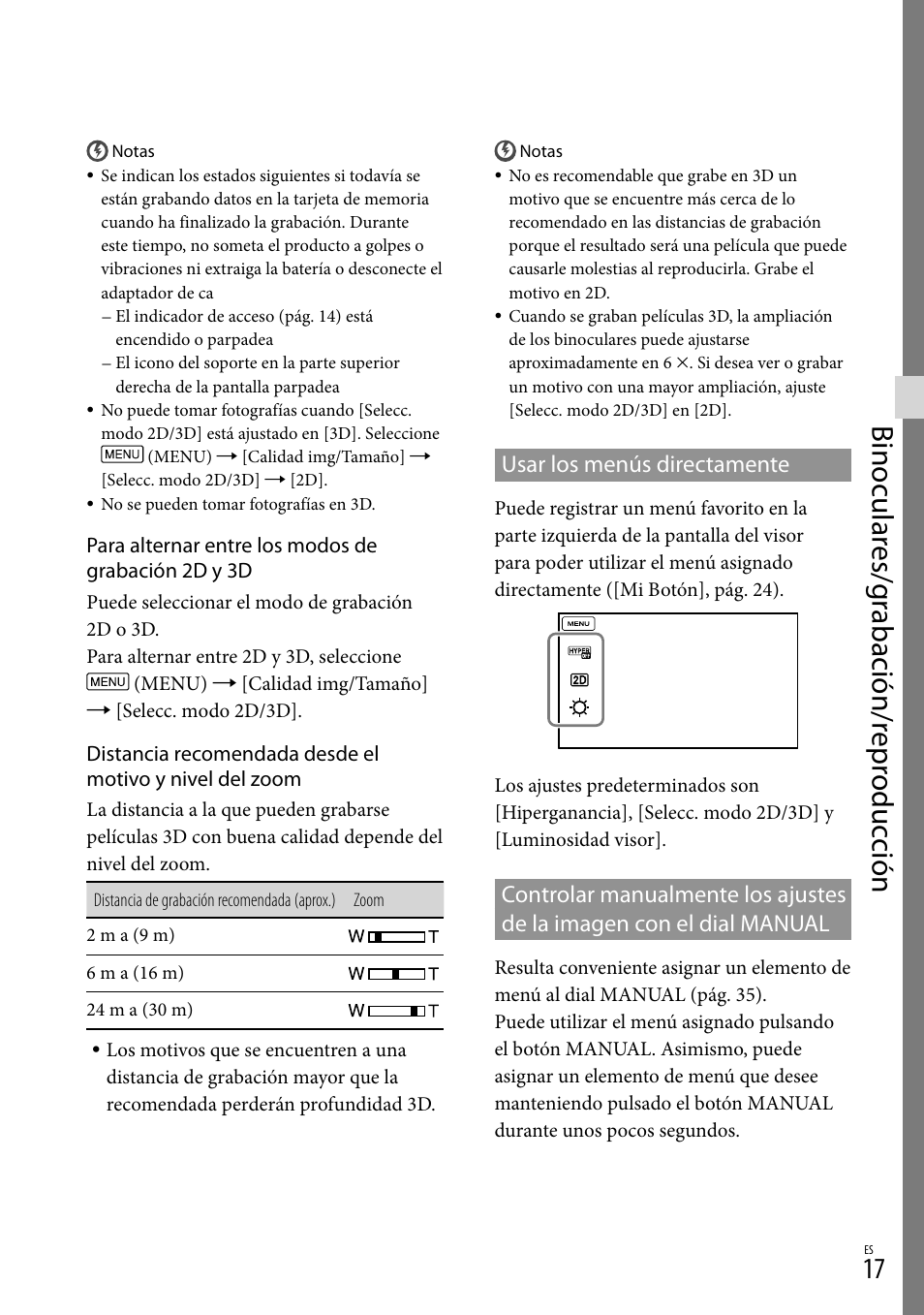 Binocular es/g rabación/r epr oduc ción, Usar los menús directamente | Sony DEV-50 User Manual | Page 95 / 116