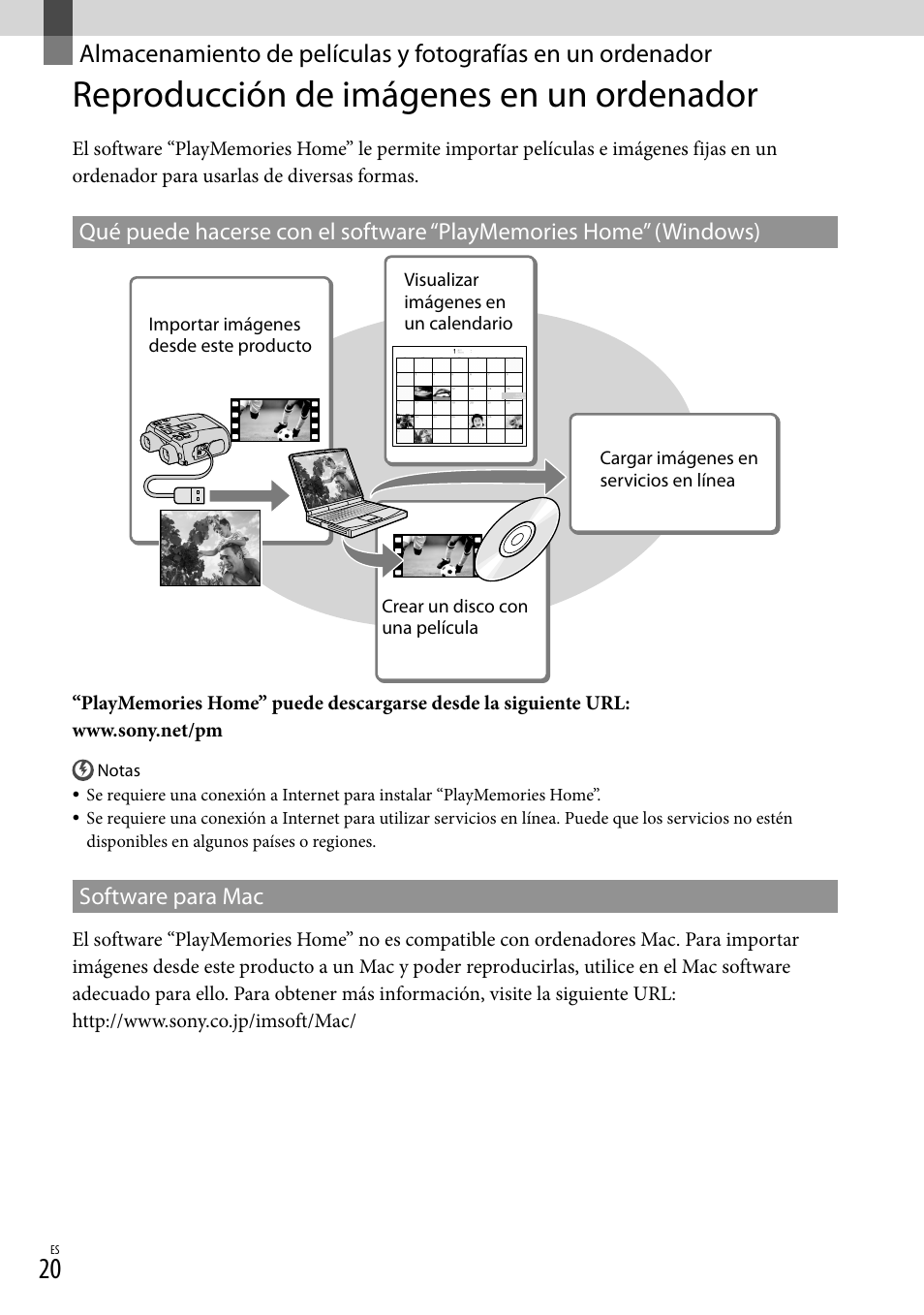 Reproducción de imágenes en un ordenador, Almacenamiento de, Películas y fotografías en | Un ordenador, Reproducción de imágenes en un, Ordenador | Sony DEV-50 User Manual | Page 98 / 116
