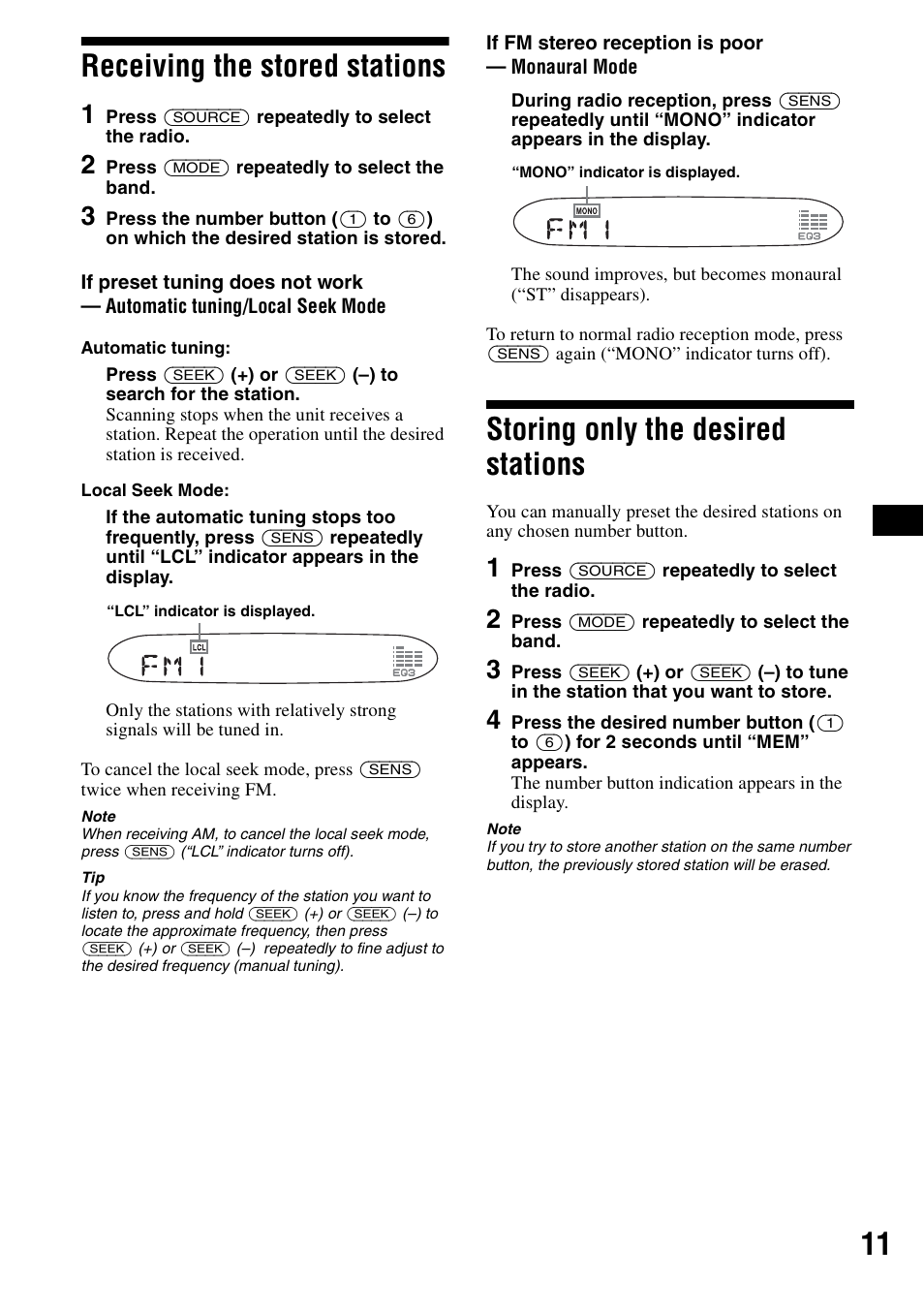 Receiving the stored stations, Storing only the desired stations, 11 receiving the stored stations | Sony CDX-S2000 User Manual | Page 11 / 56
