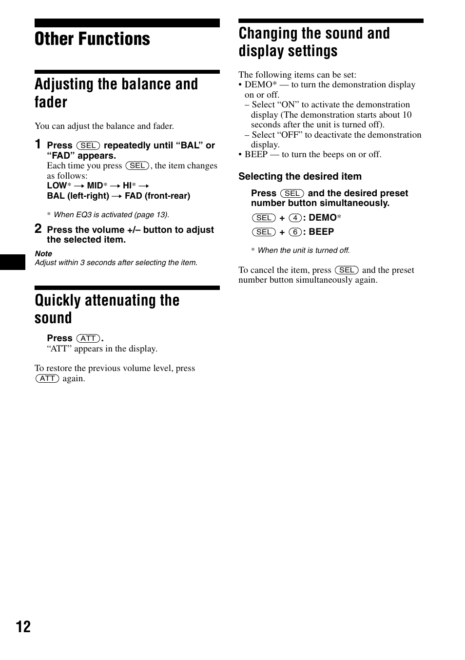 Other functions, Adjusting the balance and fader, Quickly attenuating the sound | Changing the sound and display settings, Settings | Sony CDX-S2000 User Manual | Page 12 / 56