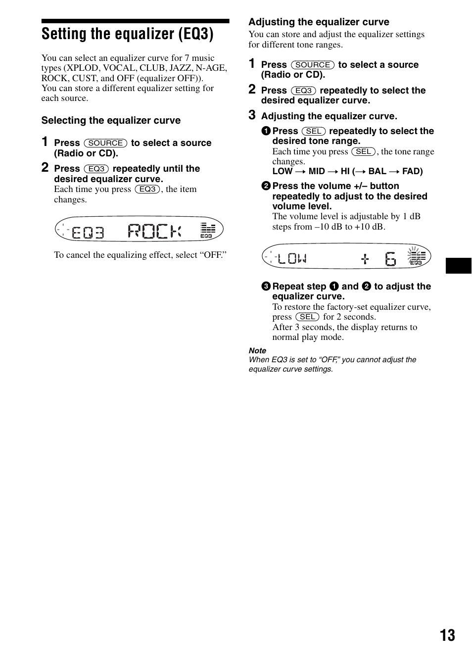 Setting the equalizer (eq3), 13 setting the equalizer (eq3) | Sony CDX-S2000 User Manual | Page 13 / 56