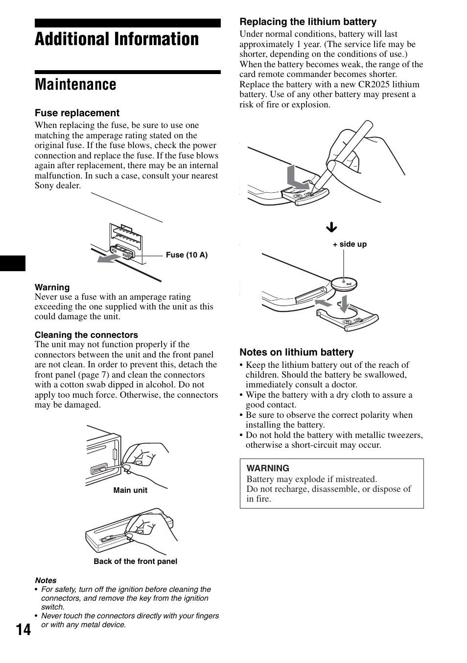 Additional information, Maintenance | Sony CDX-S2000 User Manual | Page 14 / 56