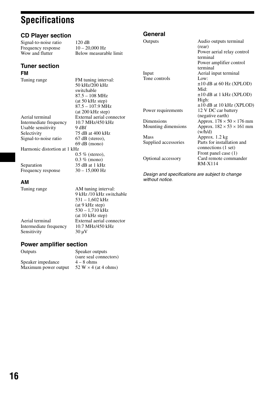 Specifications, 16 specifications | Sony CDX-S2000 User Manual | Page 16 / 56