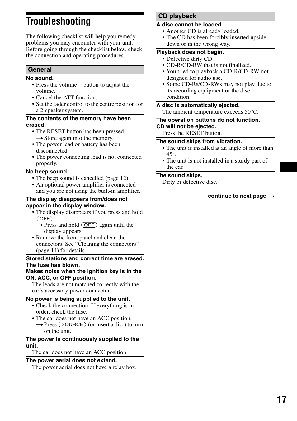 Troubleshooting, 17 troubleshooting | Sony CDX-S2000 User Manual | Page 17 / 56