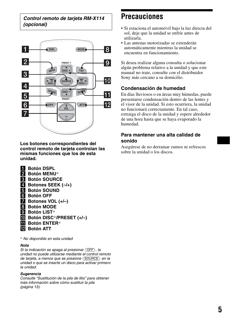 Precauciones, Condensación de humedad, Para mantener una alta calidad de sonido | Control remoto de tarjeta rm-x114 (opcional) | Sony CDX-S2000 User Manual | Page 23 / 56