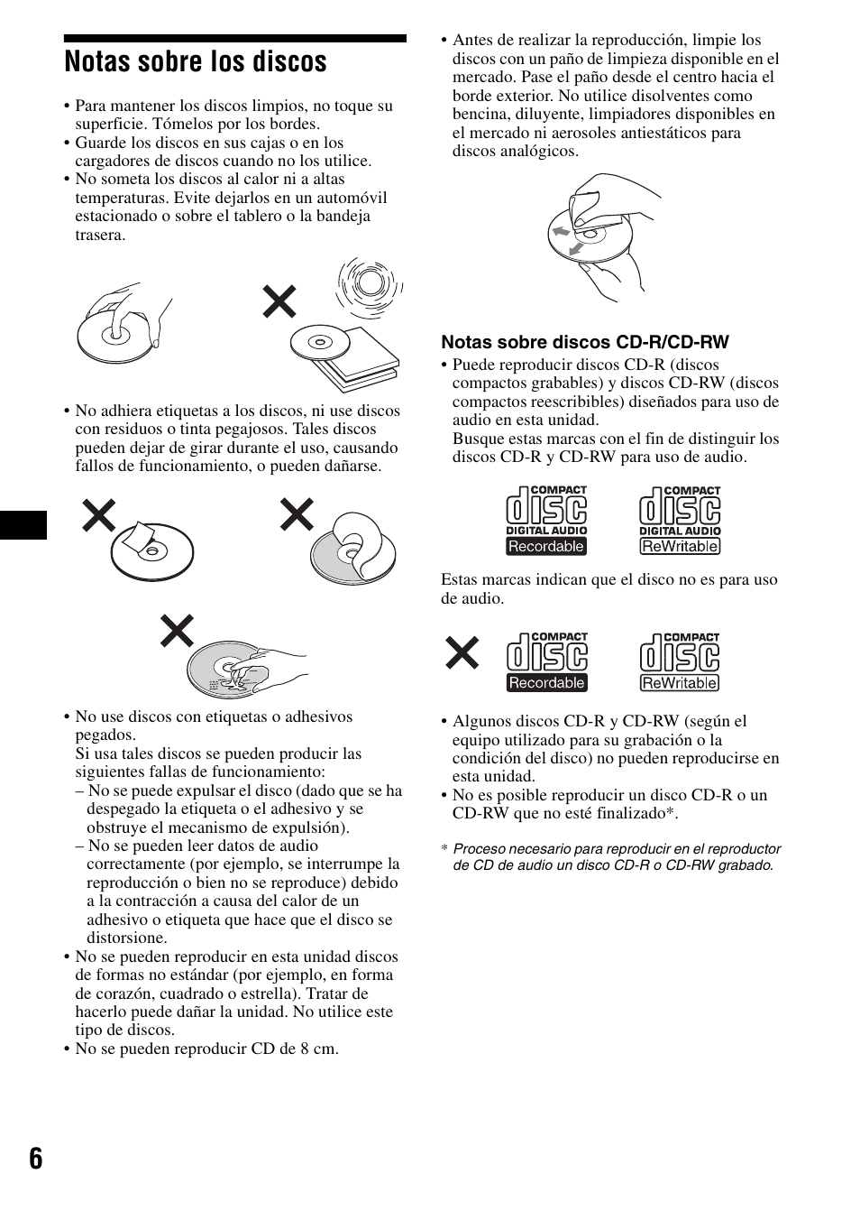Notas sobre los discos, 6notas sobre los discos | Sony CDX-S2000 User Manual | Page 24 / 56