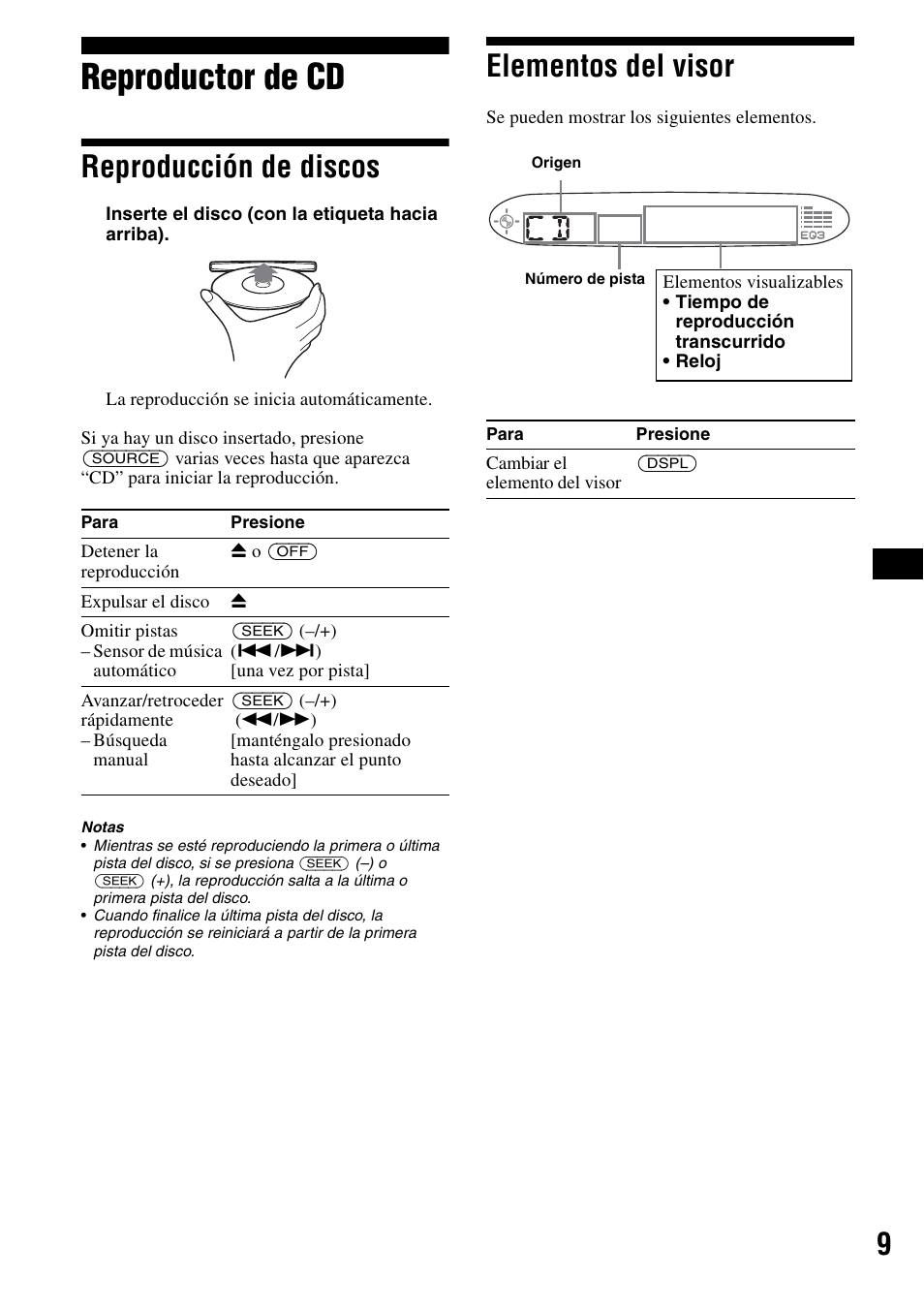 Reproductor de cd, Reproducción de discos, Elementos del visor | Reproducción de discos elementos del visor | Sony CDX-S2000 User Manual | Page 27 / 56