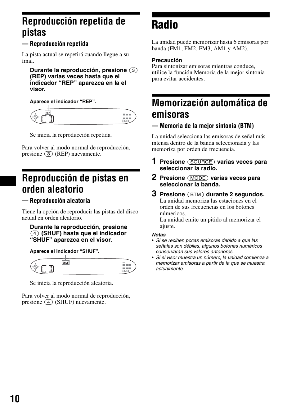 Reproducción repetida de pistas, Reproducción repetida, Reproducción de pistas en orden aleatorio | Reproducción aleatoria, Radio, Memorización automática de emisoras, Memoria de la mejor sintonía (btm), 10 reproducción repetida de pistas | Sony CDX-S2000 User Manual | Page 28 / 56