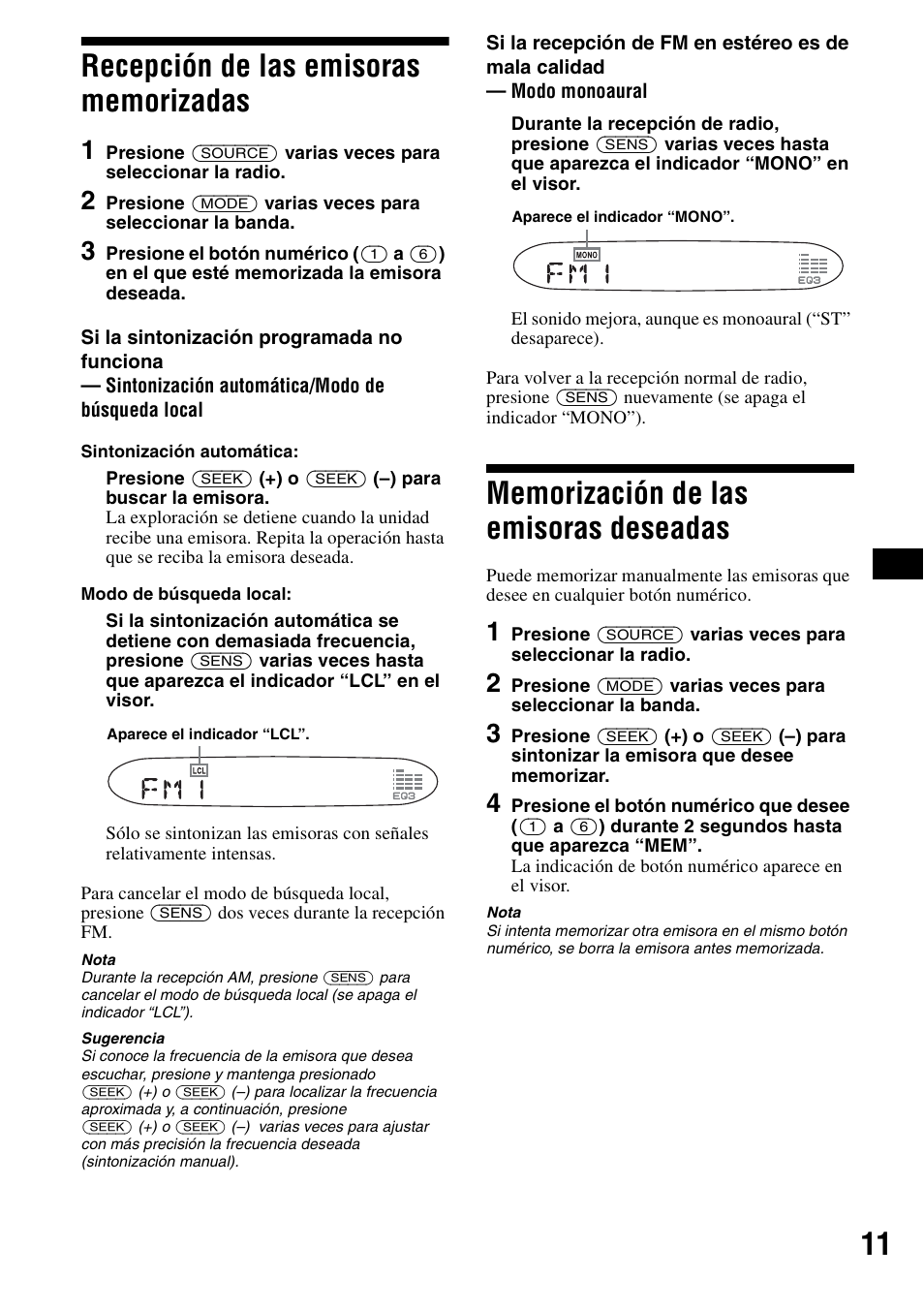 Recepción de las emisoras memorizadas, Memorización de las emisoras deseadas, S 11 | Sony CDX-S2000 User Manual | Page 29 / 56