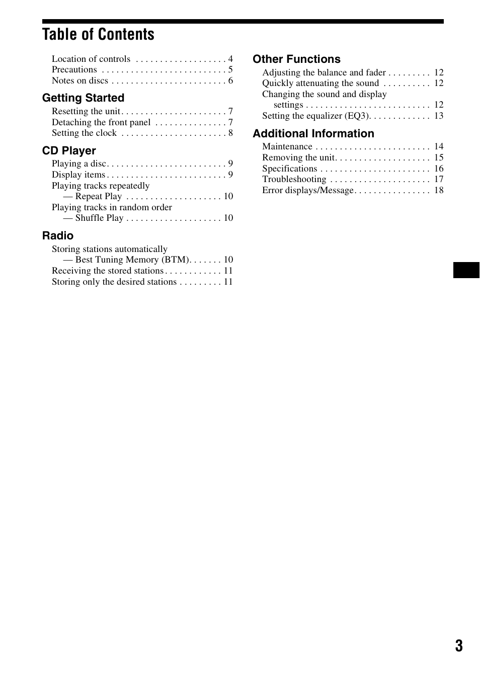 3table of contents | Sony CDX-S2000 User Manual | Page 3 / 56