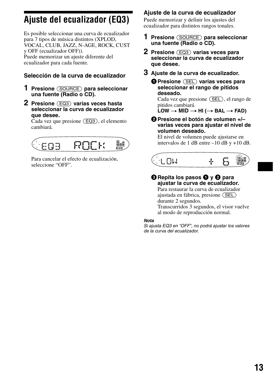 Ajuste del ecualizador (eq3), 13 ajuste del ecualizador (eq3) | Sony CDX-S2000 User Manual | Page 31 / 56