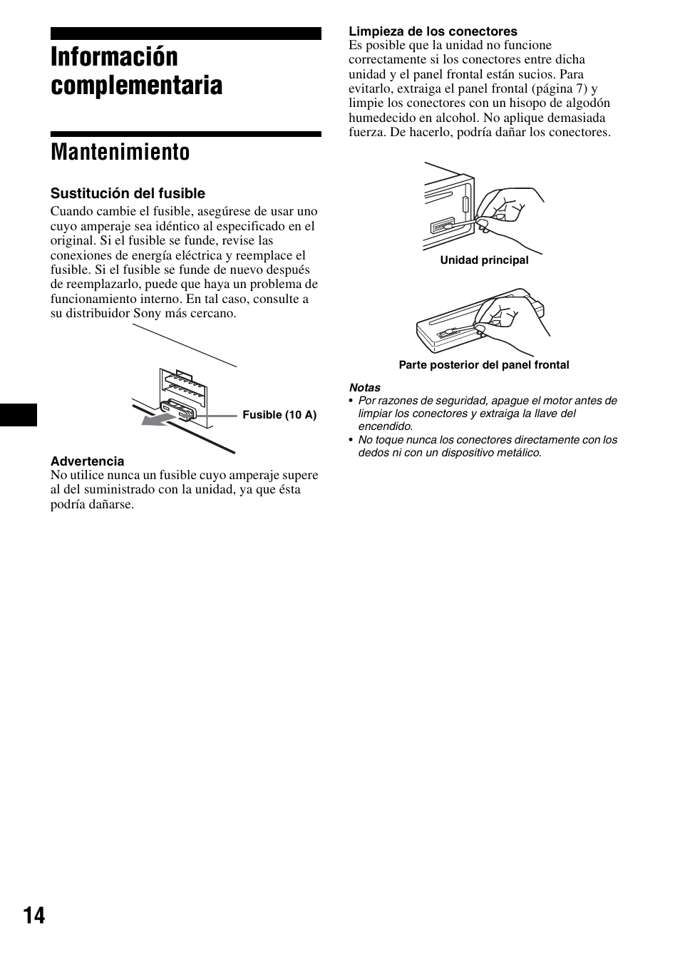 Información complementaria, Mantenimiento | Sony CDX-S2000 User Manual | Page 32 / 56