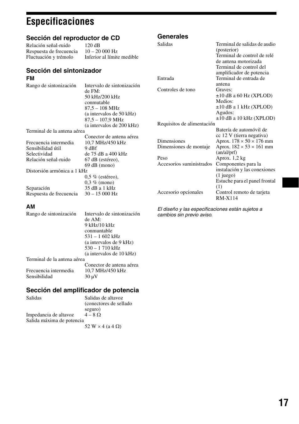 Especificaciones, 17 especificaciones | Sony CDX-S2000 User Manual | Page 35 / 56