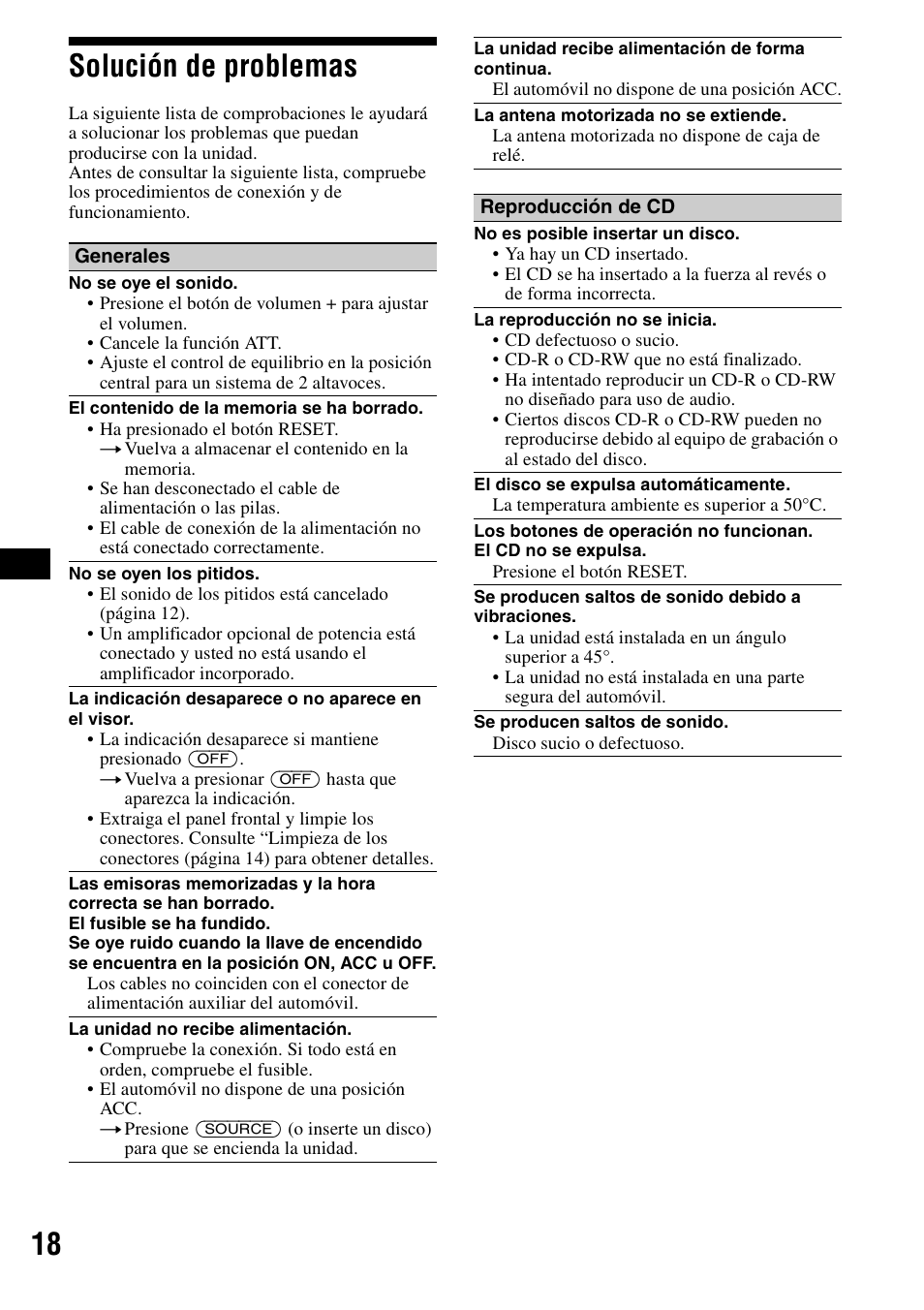 Solución de problemas, 18 solución de problemas | Sony CDX-S2000 User Manual | Page 36 / 56