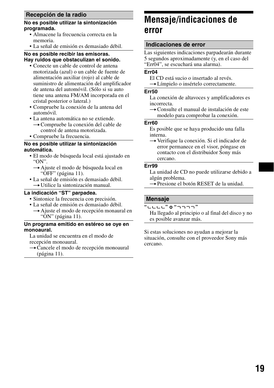 Mensaje/indicaciones de error, 19 mensaje/indicaciones de error | Sony CDX-S2000 User Manual | Page 37 / 56