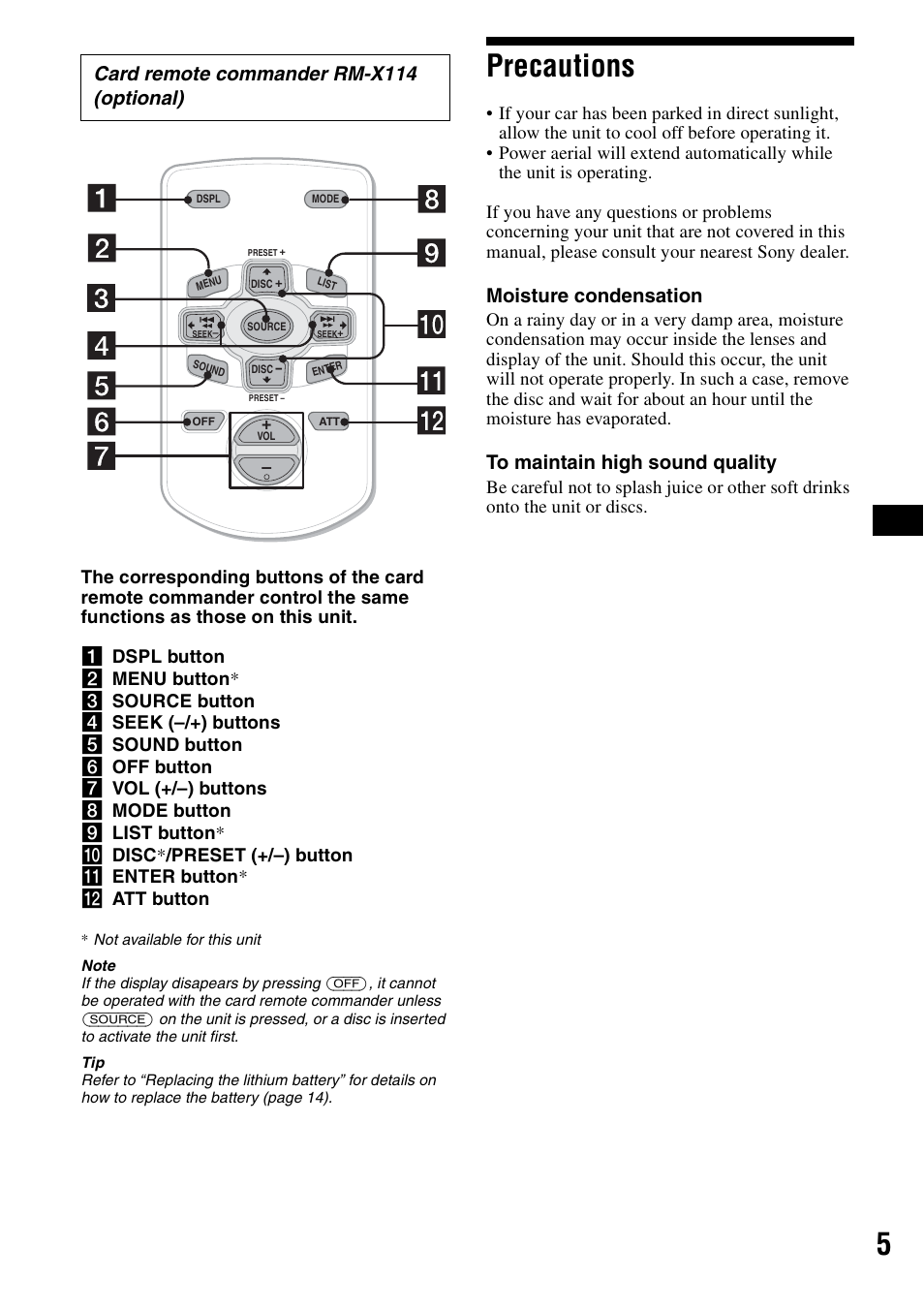 Precautions, Moisture condensation, Card remote commander rm-x114 (optional) | Sony CDX-S2000 User Manual | Page 5 / 56