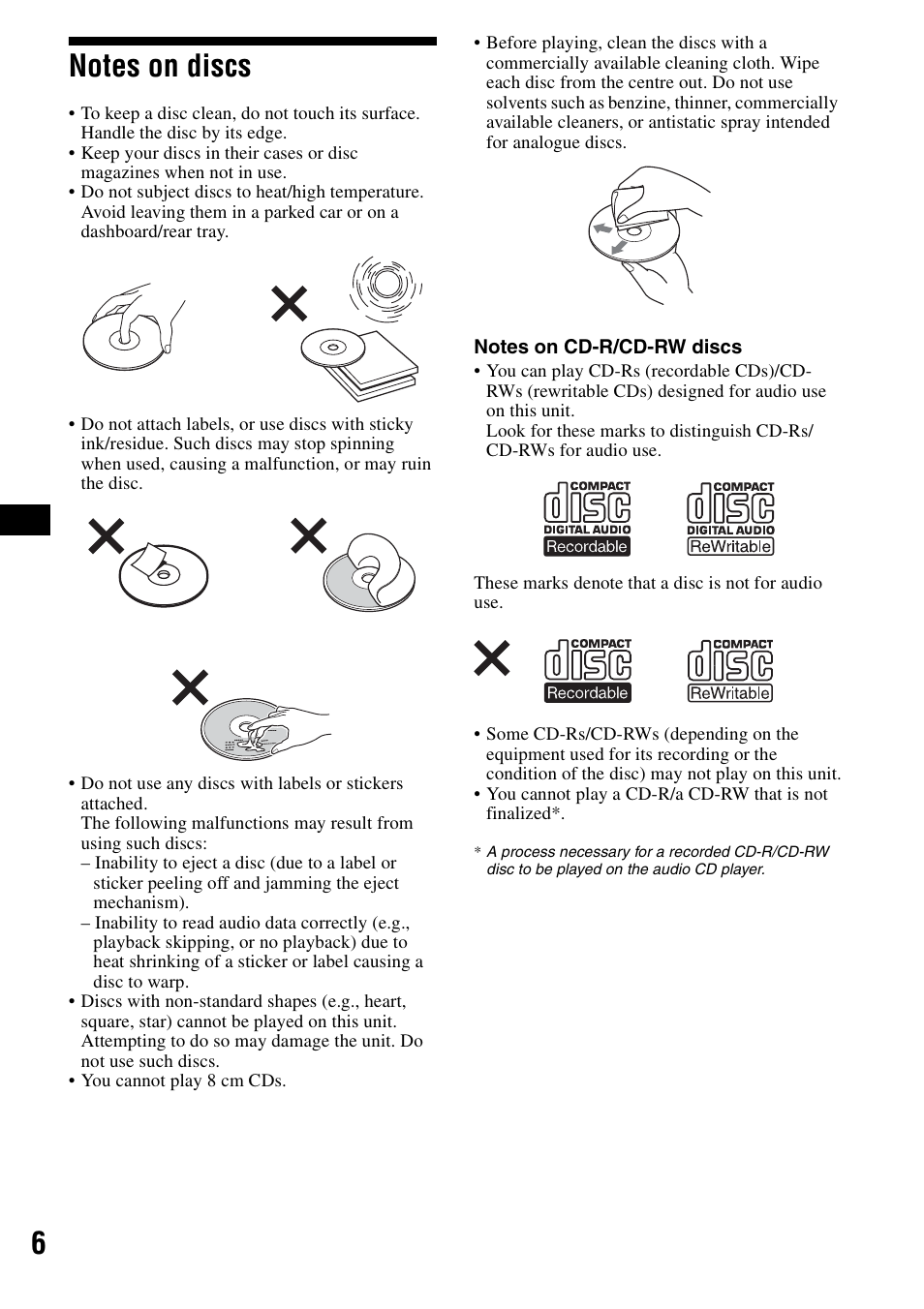 Notes on discs | Sony CDX-S2000 User Manual | Page 6 / 56