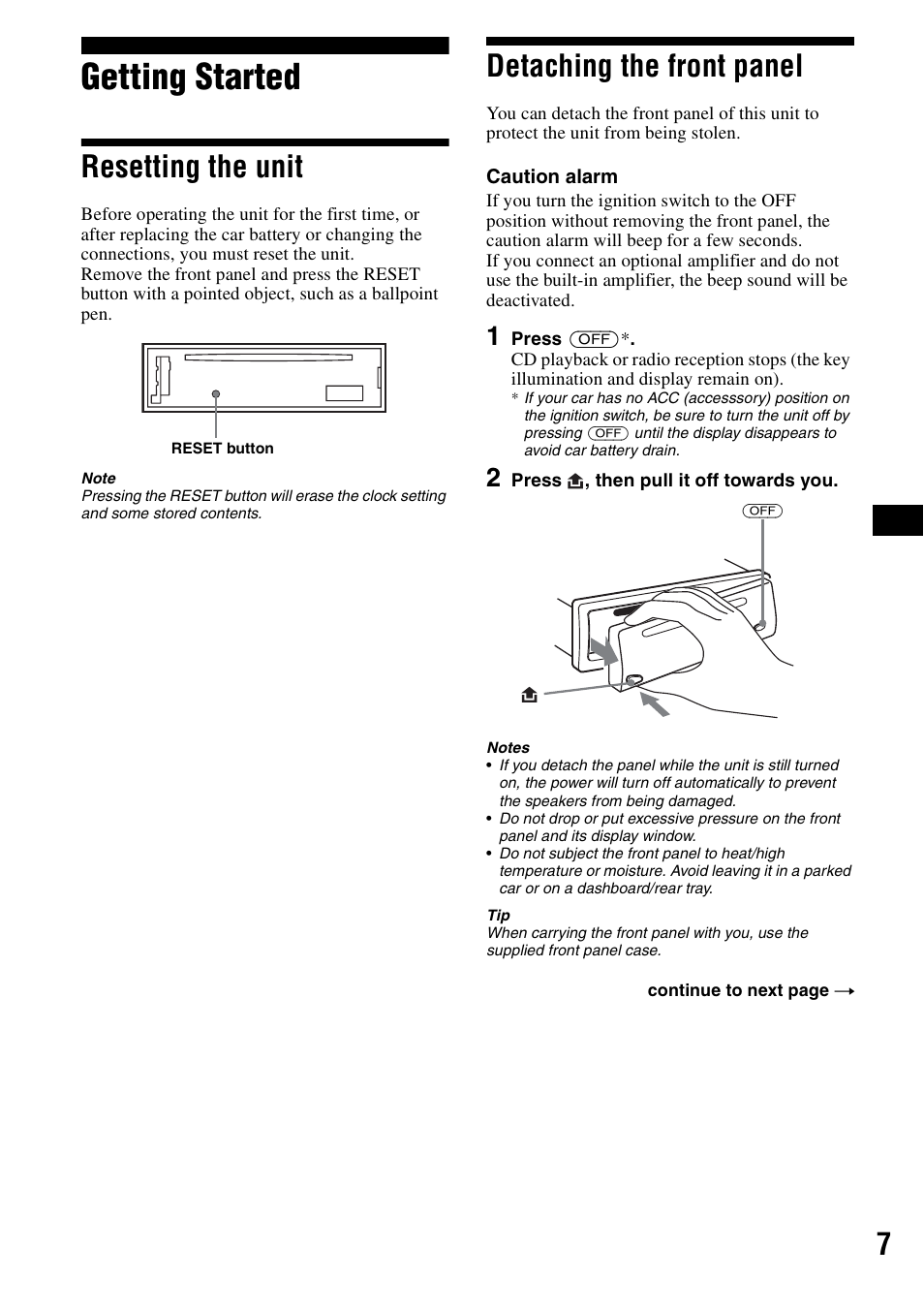 Getting started, Resetting the unit, Detaching the front panel | Resetting the unit detaching the front panel | Sony CDX-S2000 User Manual | Page 7 / 56