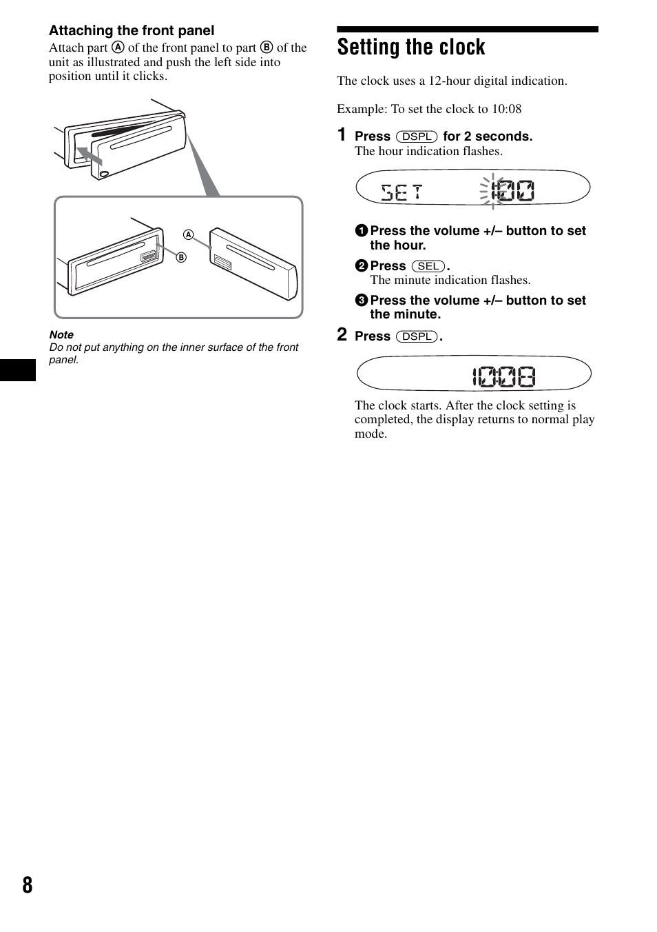 Setting the clock | Sony CDX-S2000 User Manual | Page 8 / 56