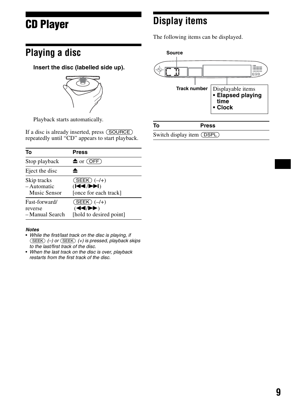 Cd player, Playing a disc, Display items | Playing a disc display items | Sony CDX-S2000 User Manual | Page 9 / 56