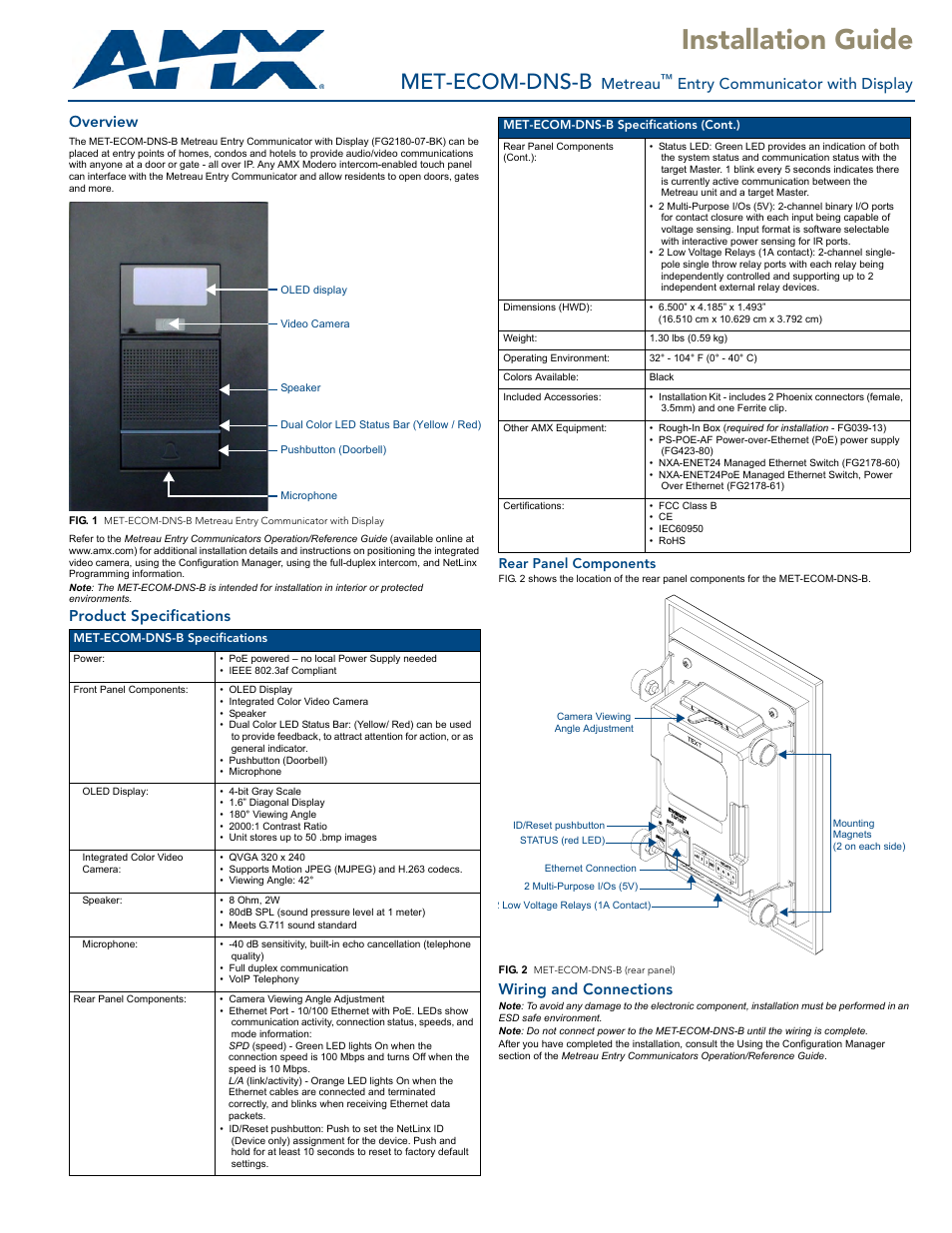 AMX Metreau Entry Communicator with Display MET-ECOM-DNS-B User Manual | 2 pages