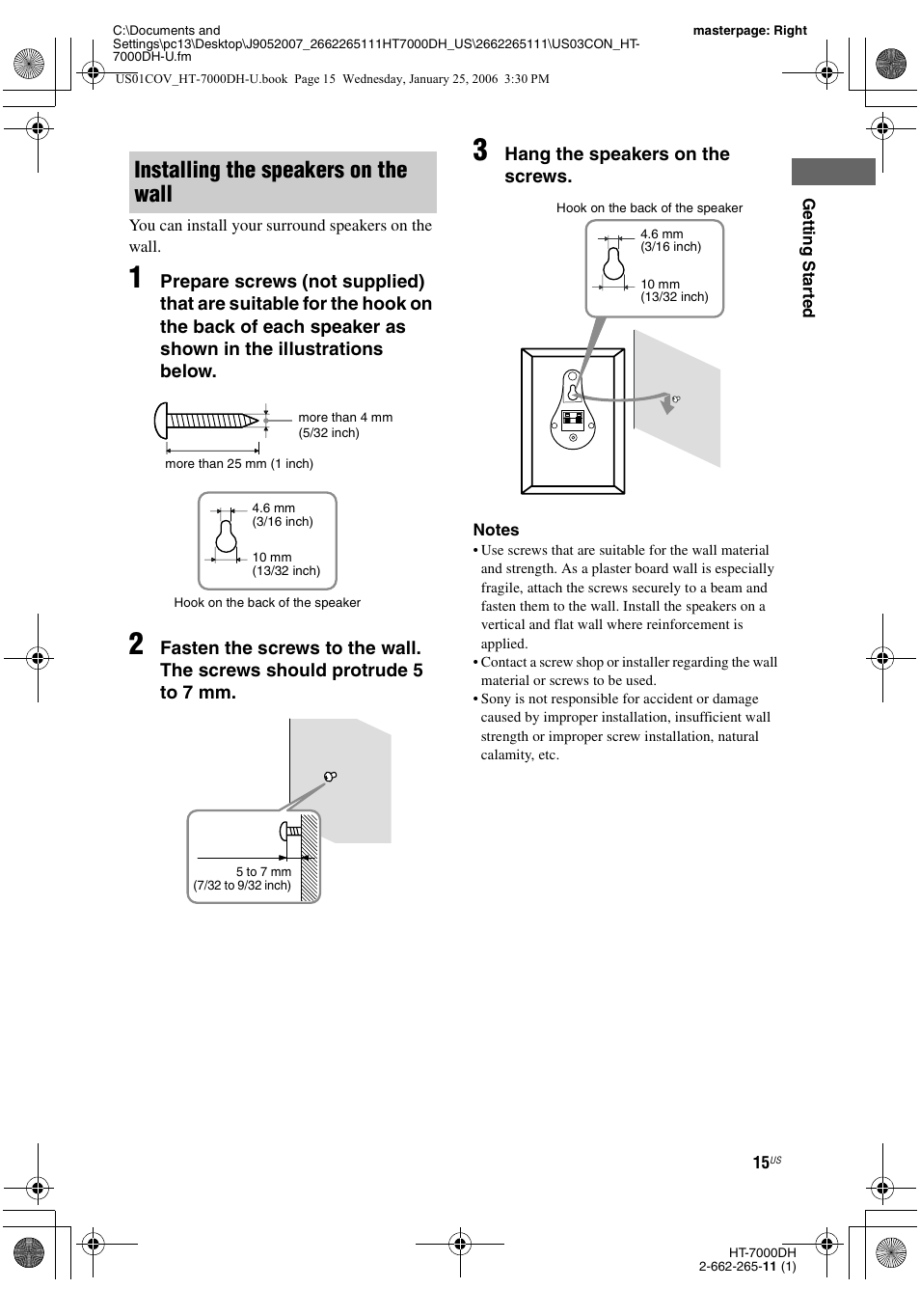 Installing the speakers on the wall, Hang the speakers on the screws | Sony STR-K7000 User Manual | Page 15 / 84