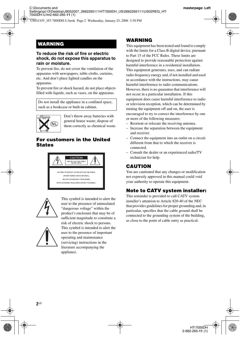 For customers in the united states, Warning, Caution | Sony STR-K7000 User Manual | Page 2 / 84