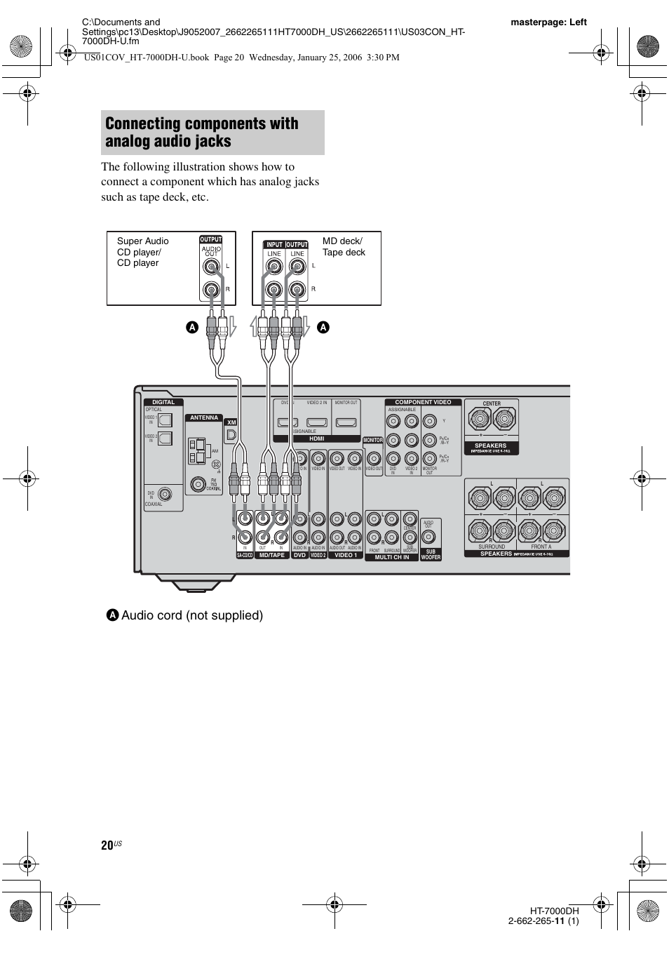 Connecting components with analog audio jacks, Aaudio cord (not supplied) a, Super audio cd player/ cd player | Md deck/ tape deck | Sony STR-K7000 User Manual | Page 20 / 84