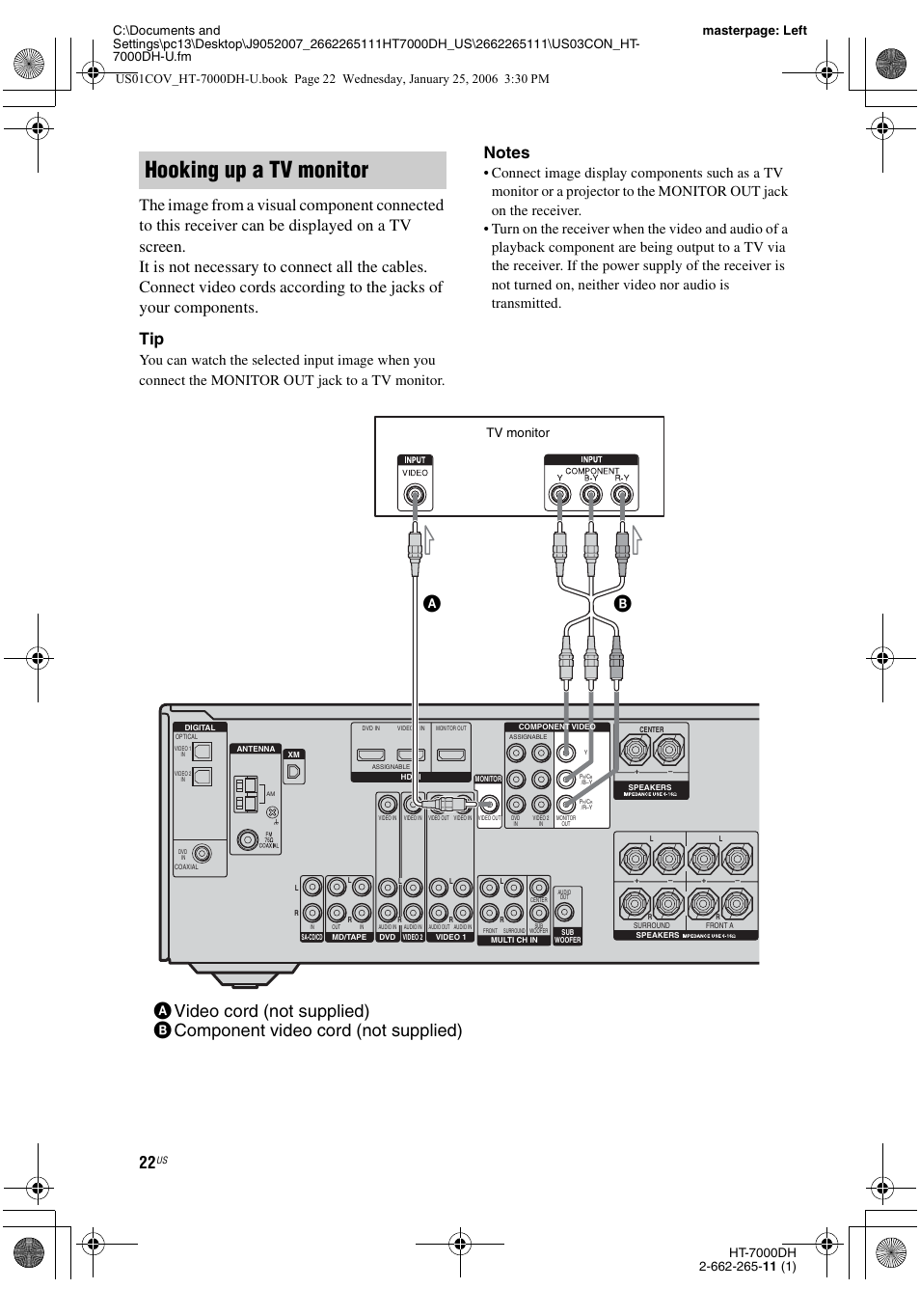 E 22, Hooking up a tv monitor, Tv monitor | Sony STR-K7000 User Manual | Page 22 / 84