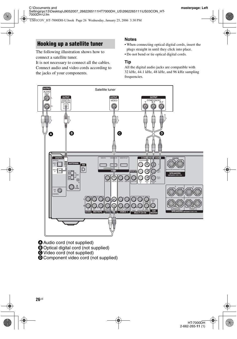 Hooking up a satellite tuner, Satellite tuner | Sony STR-K7000 User Manual | Page 26 / 84