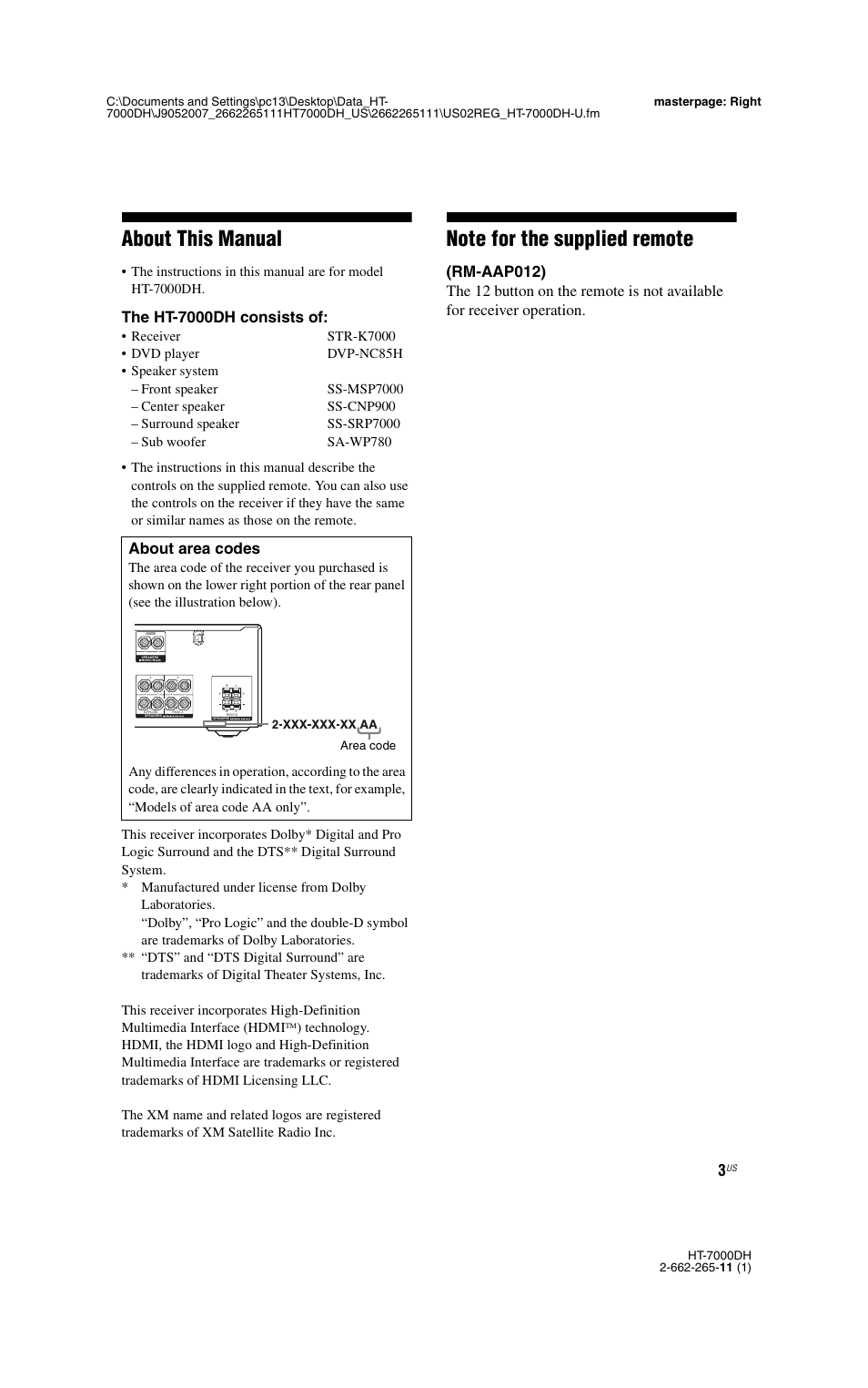 About this manual, The ht-7000dh consists of | Sony STR-K7000 User Manual | Page 3 / 84