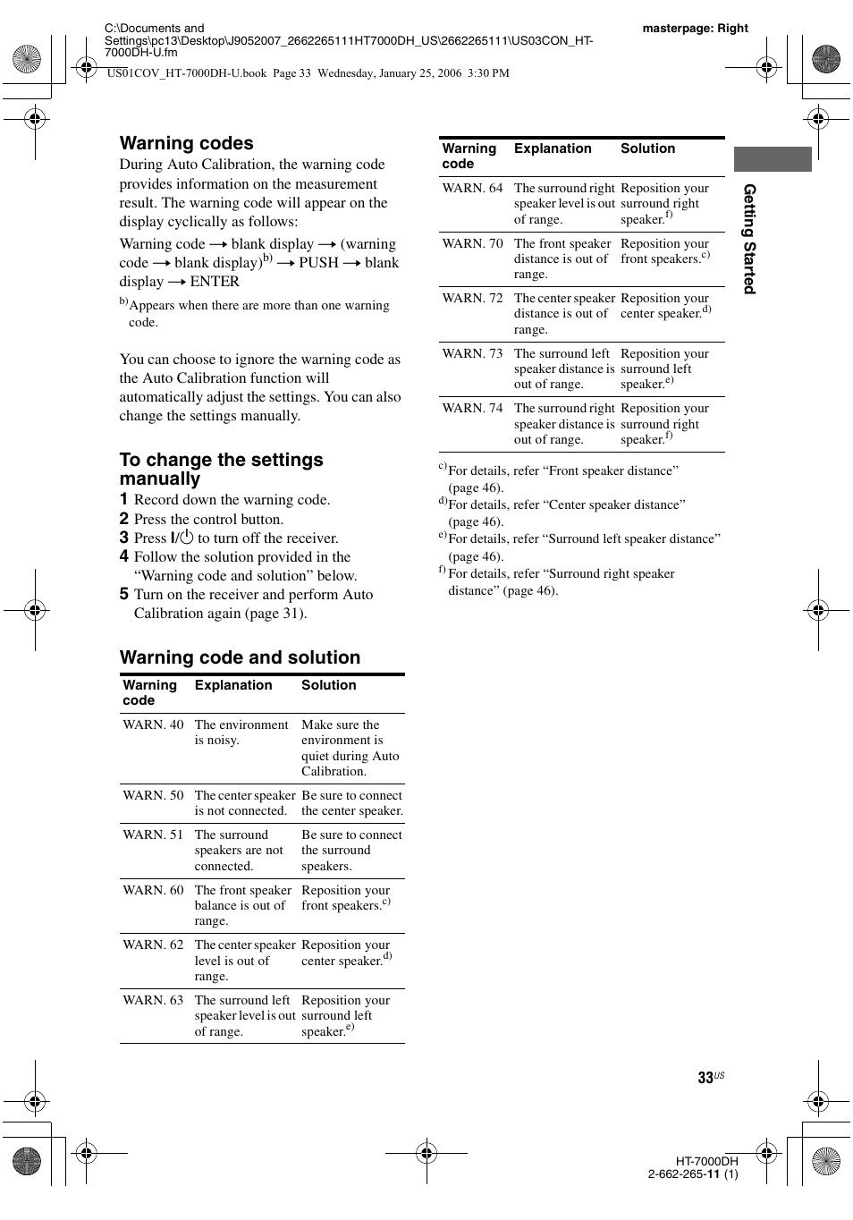 Warning codes, Warning code and solution | Sony STR-K7000 User Manual | Page 33 / 84