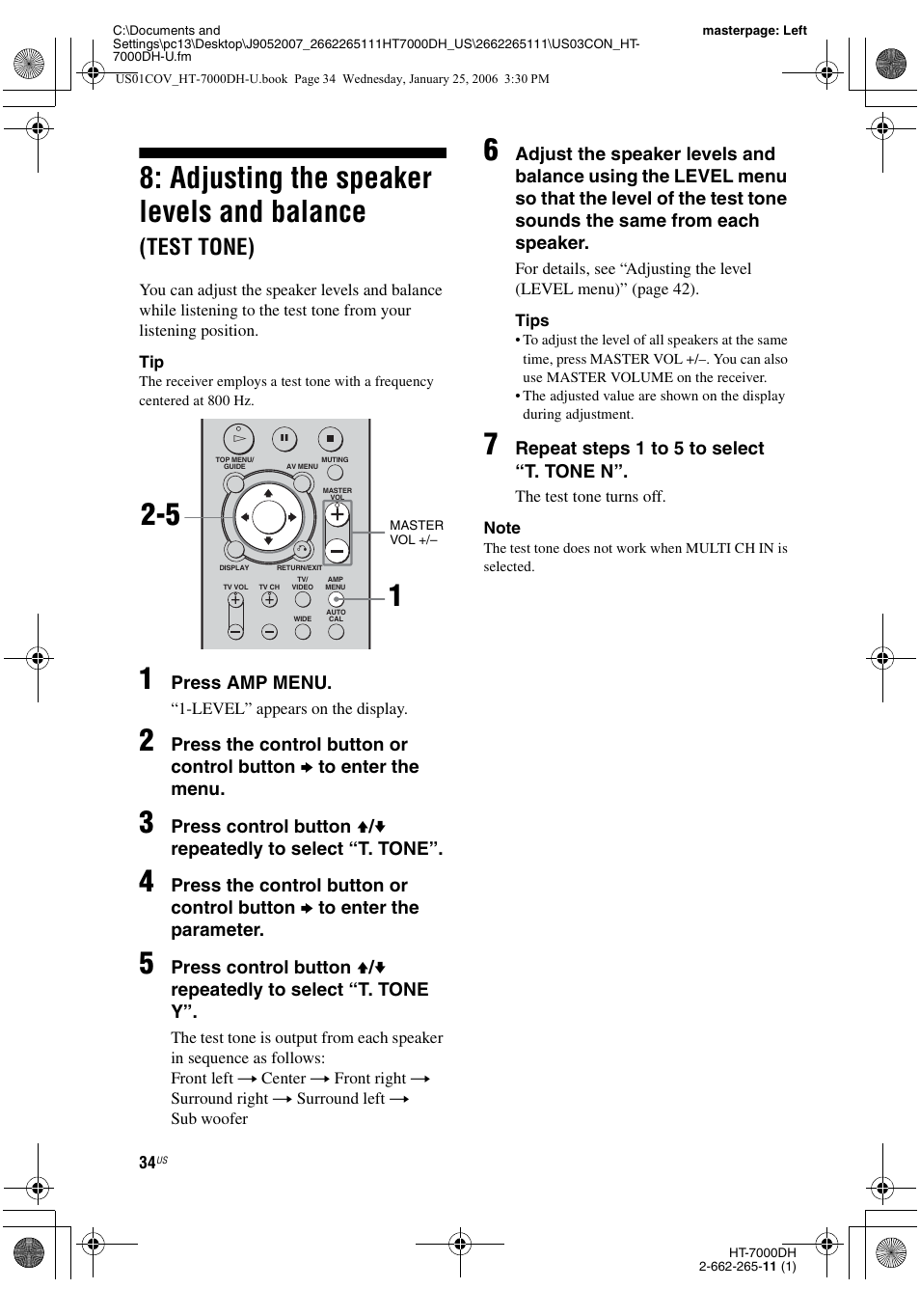 Adjusting the speaker levels and, Balance (test tone), Adjusting the speaker levels and balance | Test tone) | Sony STR-K7000 User Manual | Page 34 / 84