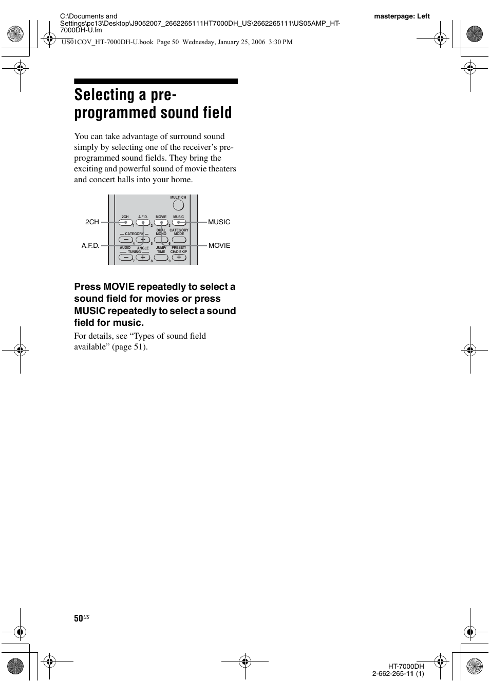 Selecting a pre- programmed sound field, Selecting a pre-programmed sound field | Sony STR-K7000 User Manual | Page 50 / 84