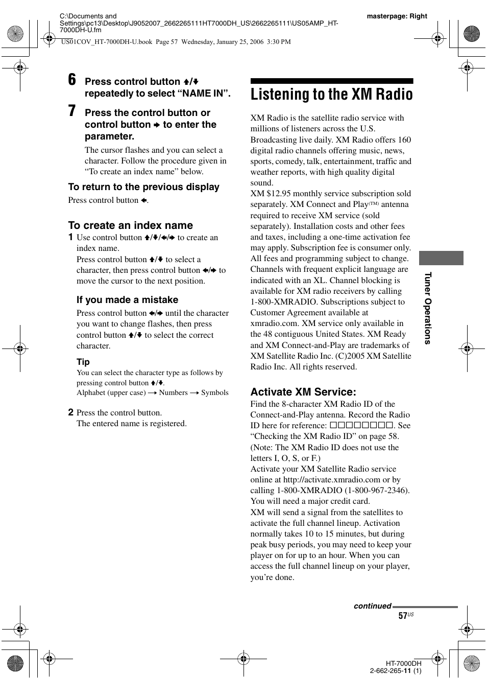 Listening to the xm radio, Activate xm service | Sony STR-K7000 User Manual | Page 57 / 84